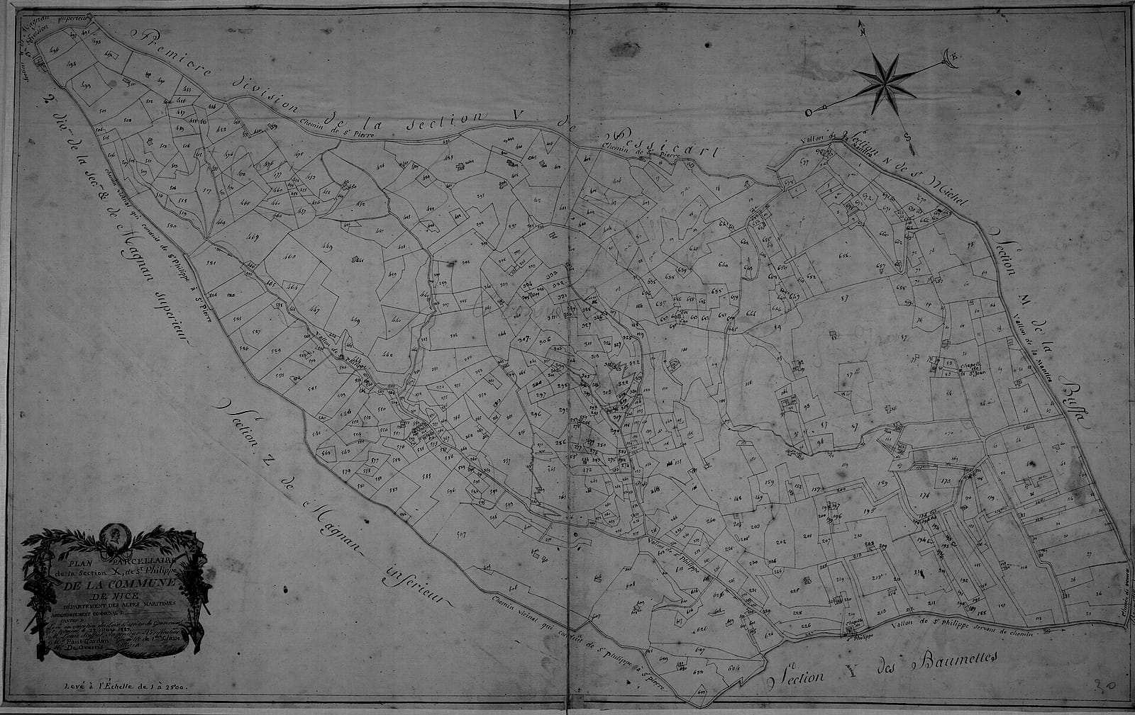 Plan cadastral de Nice de 1812, parcelles numérotées de la section Saint-Philippe